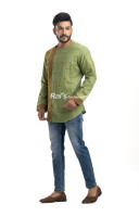 Olive Green Khadi Cotton Embroidery Worked Short Kurta With Contrast Color Checks Patch Work (KRP7) Olive Green Khadi Cotton Embroidery Worked Short Kurta With Contrast Color Checks Patch Work (KRP7)